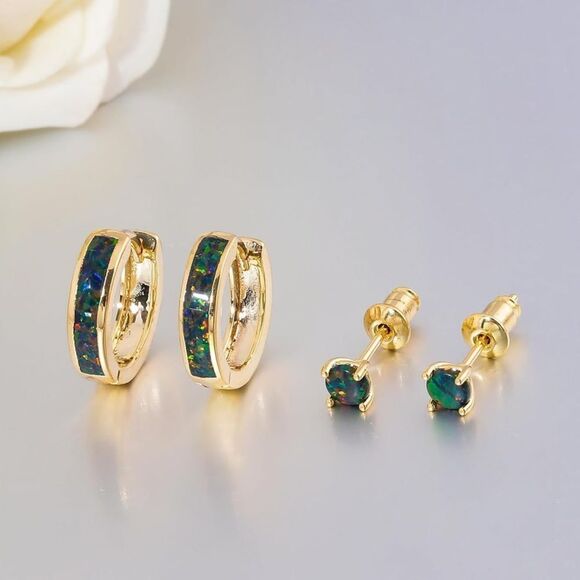 14K Yellow Gold Genuine Green Black Fire Opal Huggie and Stud Earrings Set of 2 - Picture 2 of 5
